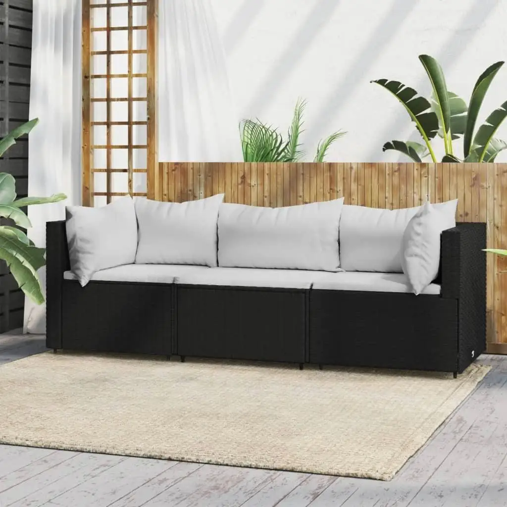 3-Piece Black Poly Rattan Patio Lounge Set with Cushions - Stylish Outdoor Furniture