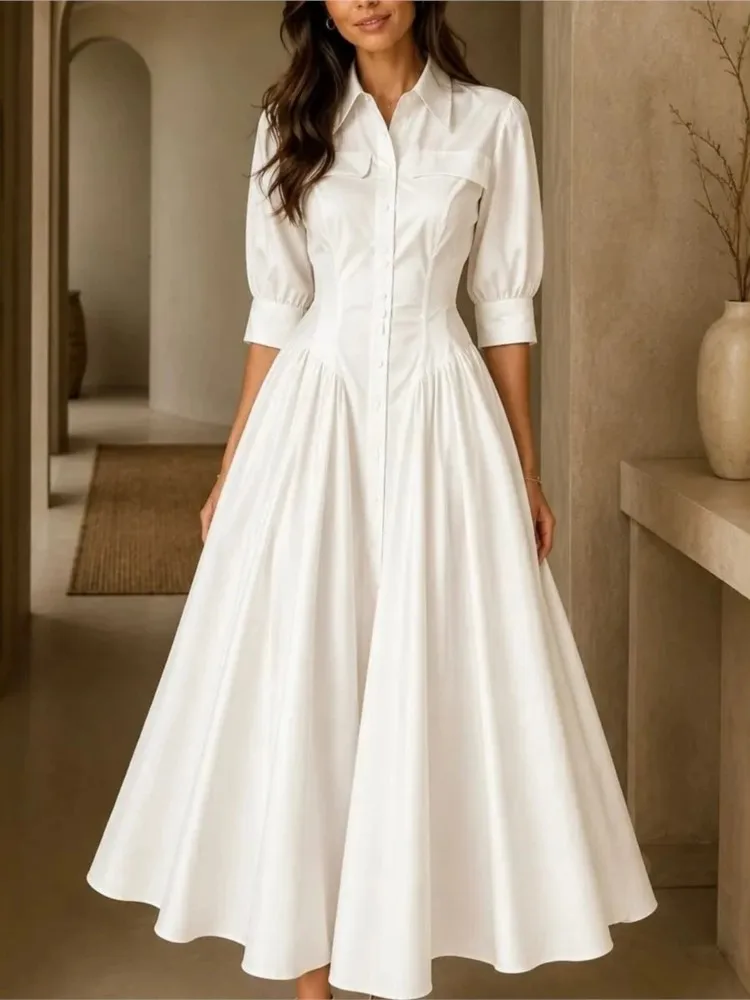 Damenmode Weißes Halbarm-Hemdkleid Herbst Umlegekragen Einreihig Lässig Plissiertes Urlaubs-Party-Langkleid