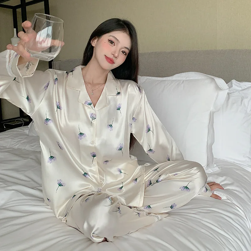 Women\'s 2 Piece Pajamas Set Floral Pijama Faux Silk Satin Pyjama Female Sleepwear Long Sleeve Lapel Shirt Pants Suits Homewear