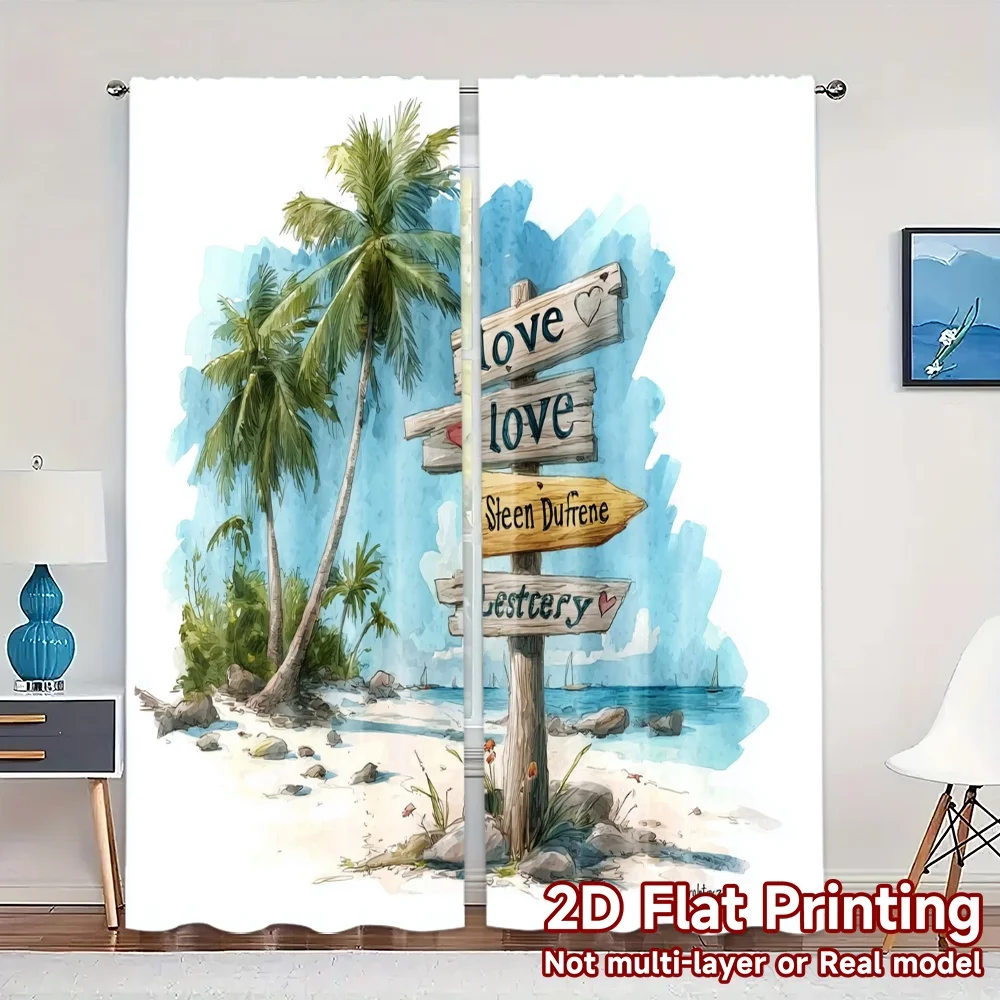 2pcs, 2D FLAT PRINTING Curtains (Without Rod) Beach Paradise Pattern Modern Curtains Durable Polyester Curtains Decorations For