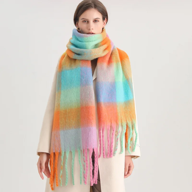 Autumn Winter Luxury Women Scarves 240*38cm Men Thickening Warm Scarf Rainbow Plaid Tassel Shawl Cashmere Imitation Fashion Wrap