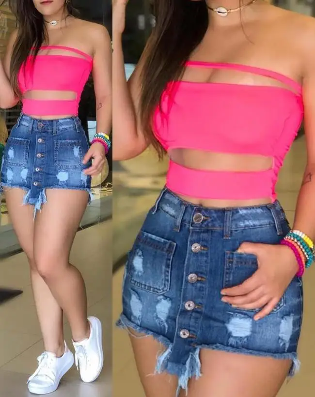 Women's Skirt Sexy Night Out 2024 Summer Casual High Waist Pocket Button Fly Ripped Raw Hem Ripped Skinny Mini Denim Skirt