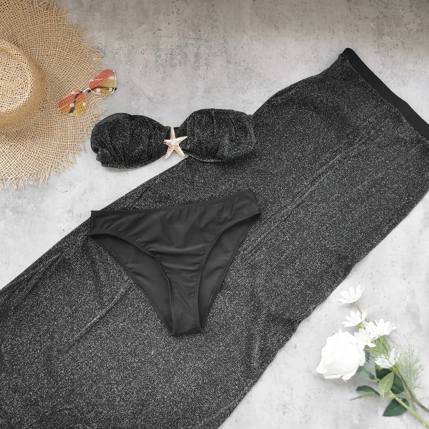 2025 Sexy Zeester Metalen Vrouwen 3 Delige Set Zomervakantie Strand Jacquard Strapless Tops + Rok Elegante Bijpassende Clubwear pak