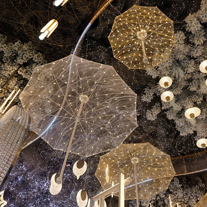 Metal Transparent Umbrella Pendant High Aesthetic Portable Wedding Prop LED Glowing Ornament Wedding Reception Glow Decorations
