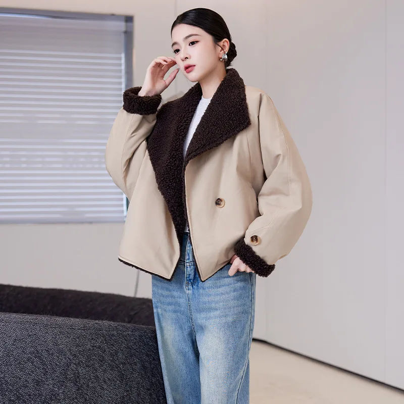 เสื้อโค้ทพาร์กาผู้หญิงแบบกลับด้านได้ ทรงสั้น สำหรับฤดูใบไม้ร่วงและฤดูหนาว ทำจากขนแกะแท้ สไตล์ลำลอง