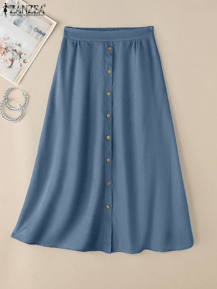 

ZANZEA 2025 Summer Women Long Skirts Solid Color Skirts Fashion Elastic Waisted Jupes Casual Loose Buttons A-line Holiday Faldas