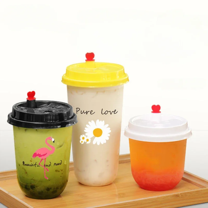 

100pcs Disposable Daisy Flamingo Printed Milk Tea Cups Food Grade PP Plastic Mug Juice Fruit Leak Proof U-shaped Cup with Lid