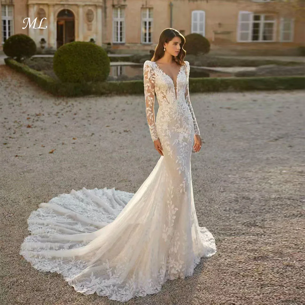 ML Luxury Deep V-Neck Wedding Dress Remove Sleeves Mermaid Sweep Train for Bride Bridal Dress vestidos de novia Customized 2026