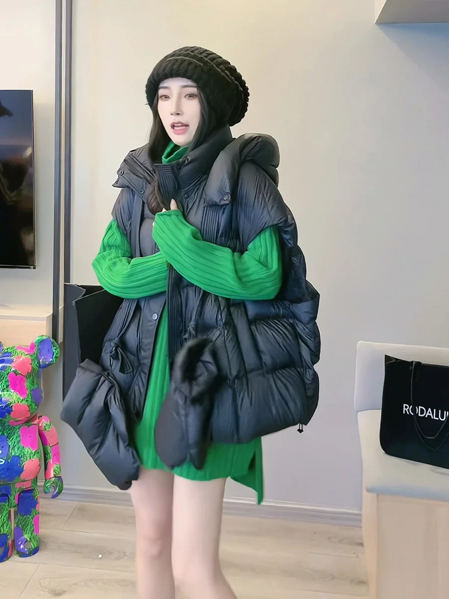

Women's Quilted Hooded Jacket Vest Thickened Autumn Winter Fashionable Versatile Korean Style Commute Wind Splice Pocket Design
