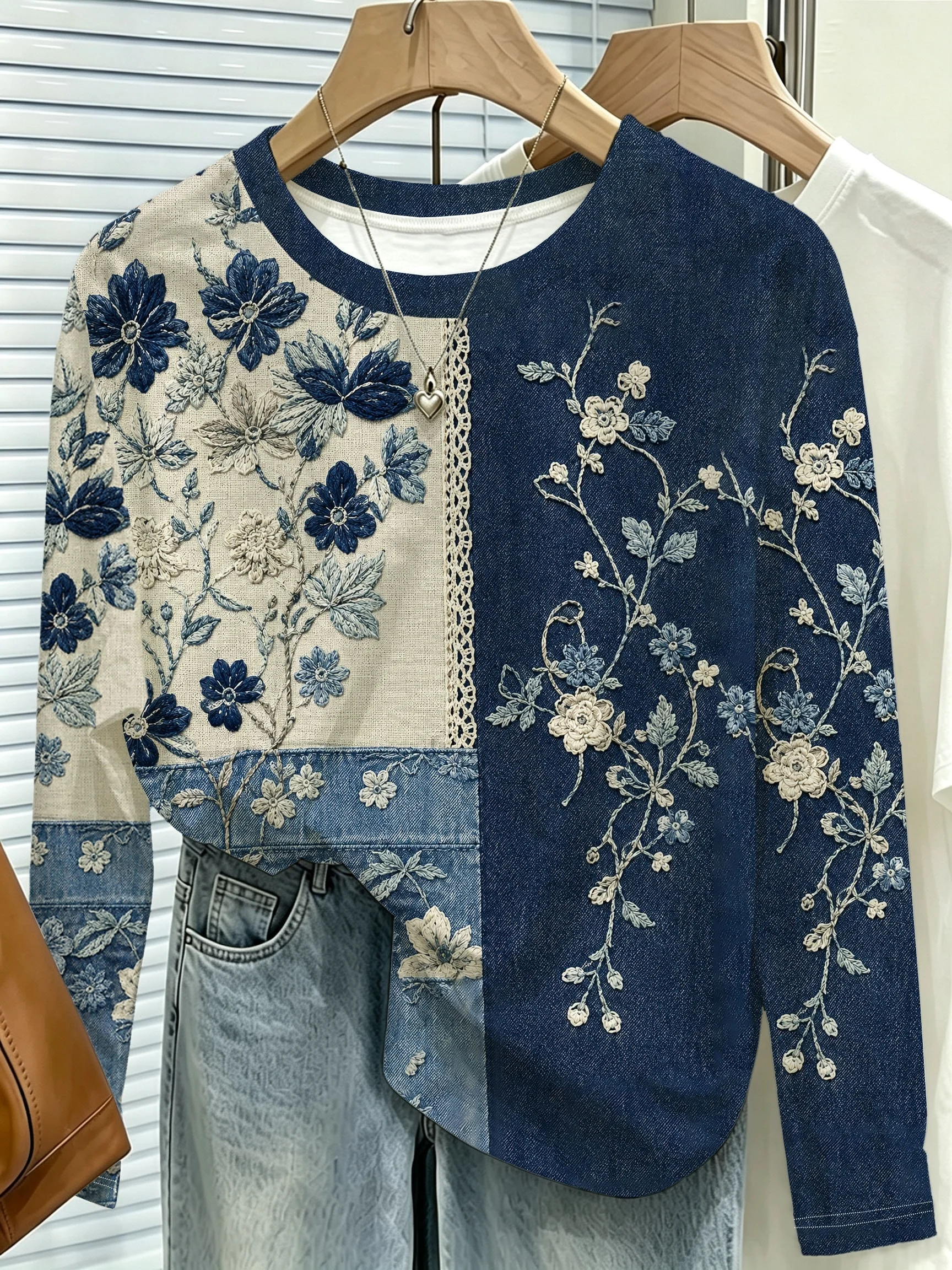 Jeans - Blusa feminina de manga comprida, em