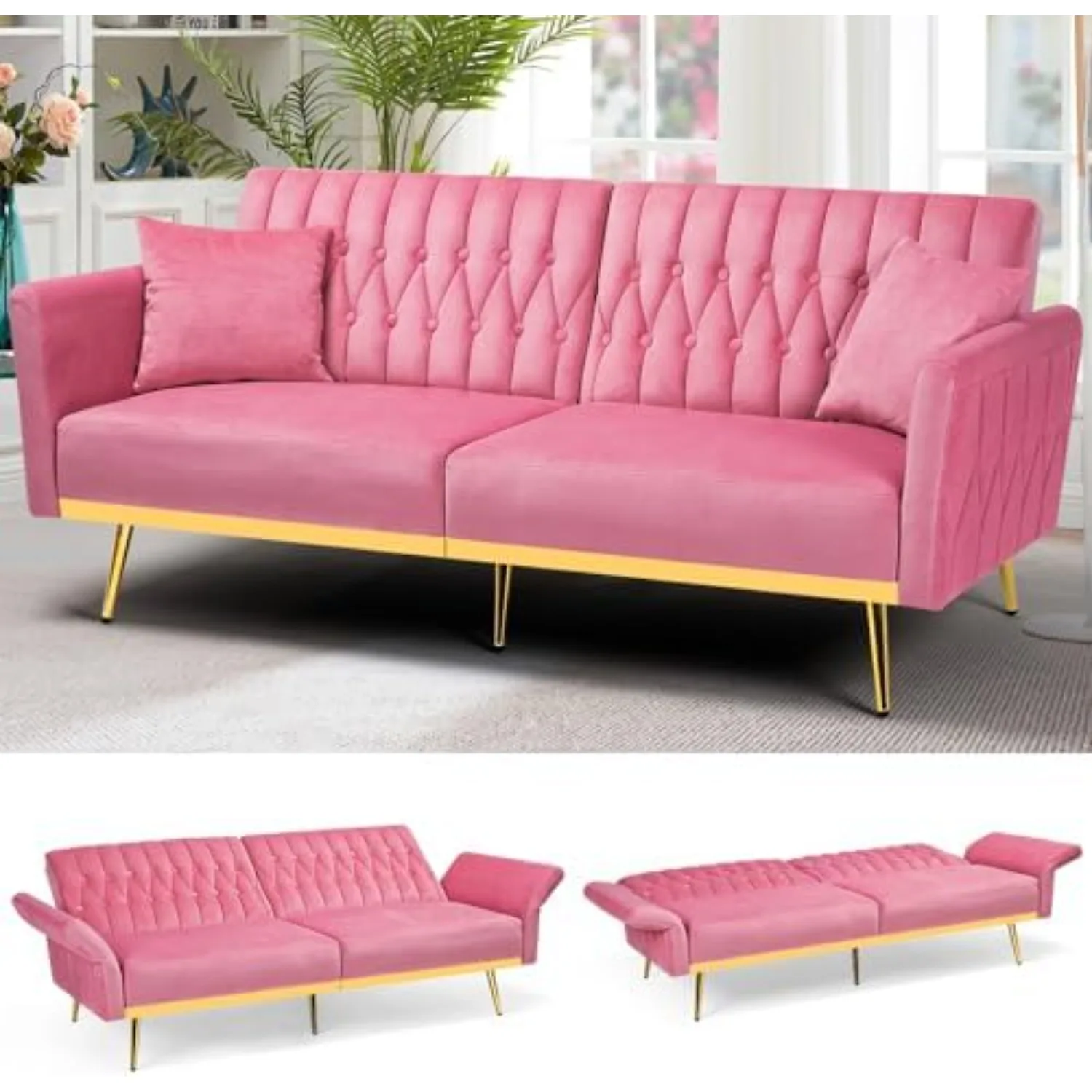70” Velvet Futon Sofa Bed w/Adjustable Armrests, Pink | Convertible Sleeper Bed w/Adjustable Backrests, Modern Loveseat