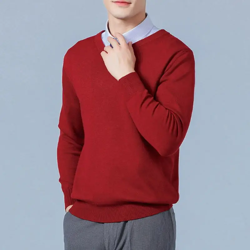 Sweter Kasmir Lembut Pakaian Pria Musim Gugur Musim Dingin Pullover Bisnis Kasual Bawah V-neck Rajutan Wol Slim Fit Pakaian Rajut Pria
