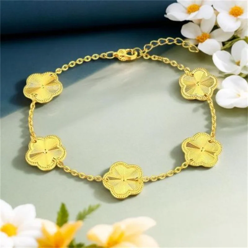 OUYADI Luxury 14K Gold Plated Stainless Steel Bracelet, Multi Clover Embossed Chain Bracelet for Ladies Daily Wear
