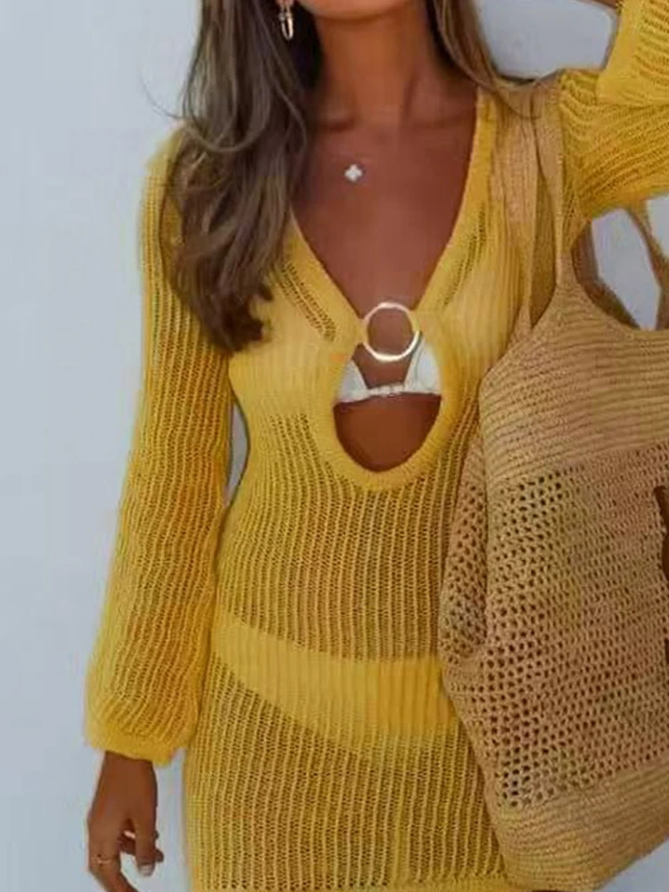 

Fashion Circular Cutout Texture Solid Mini Dress Casual Simples Slim Fit Party Dresses Elegant V-neck Long Sleeve Knitted Dress