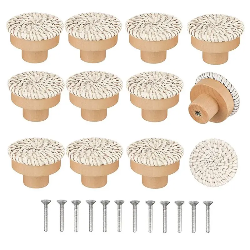 Boho Rattan Dresser Knobs Round Wooden Drawer Knobs Handmade Wicker Woven And Screws For Boho Furniture Knobs Beige 24Pc