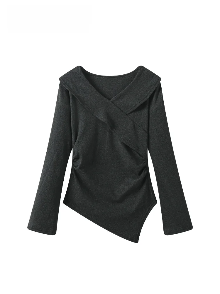 

Cara CLUB plus Size Long Sve V-Ne T-irt Women's Autumn Loose Fit Asymmetric Meat Concealing Slimming Top Trendy