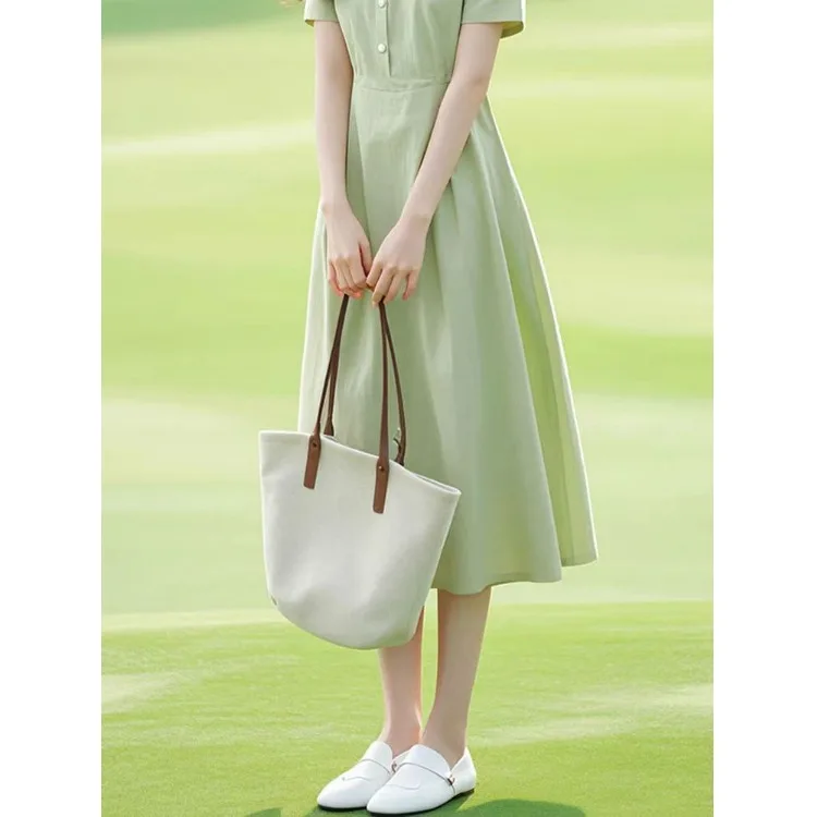 Ele een Cotton Lin Dr V-Ne High Waist A-Line Summer Dr Beach Vaion ort Sve Zipper Closure Mid-Length