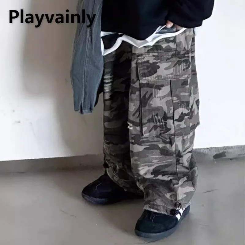

2025 New Korean Style Boy Casual Cargo Pants Spring Autumn Children Camouflage Wide Leg Pants Street Fashion Kids Trousers A6528