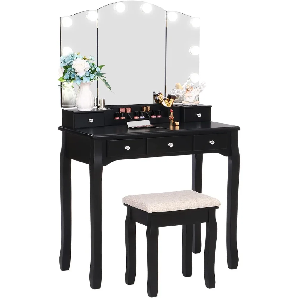 Vanity Set with Lighted Mirror, Makeup Vanity with Tri-Folding Mirror 10 LED Bulbs,