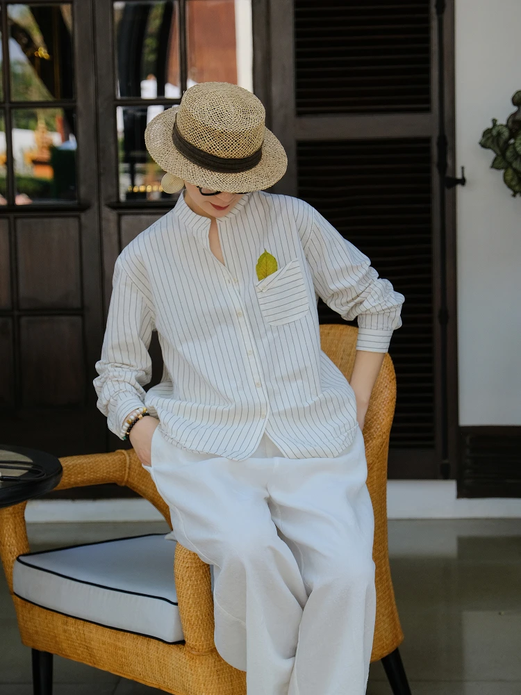 

Женская свободная длинная рубашка Mallin Original Design из смесового льна и хлопка с высоким воротником и полосатым узором, плотная ткань, повседневный стиль...