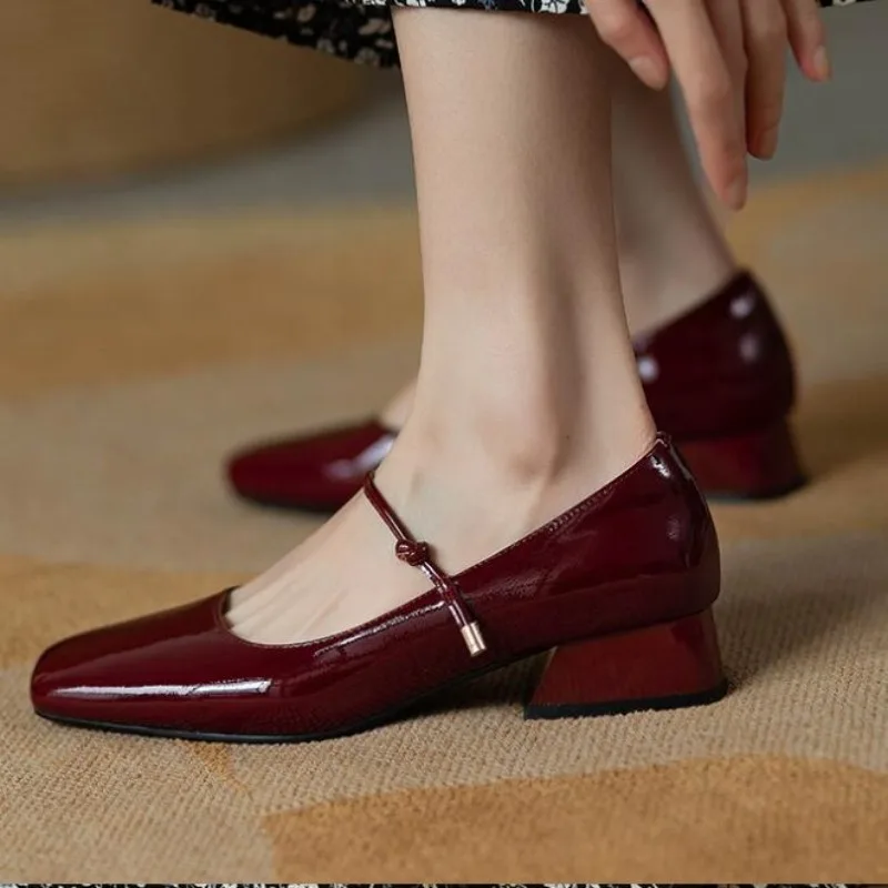 

New Square-toe Leather Shoes Red Black Mary Janes Shoes Women'S Shallow Mouth Casual Chunky Heel Shoes Low Heels Shoes