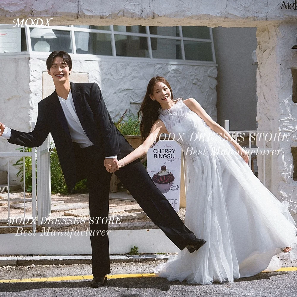 

MODX Simple O-Neck Pleats Sleeveless A-Line Korean Wedding Dress Tulle Bridal Gown for Photo shoots Customized Vestidos Novias B
