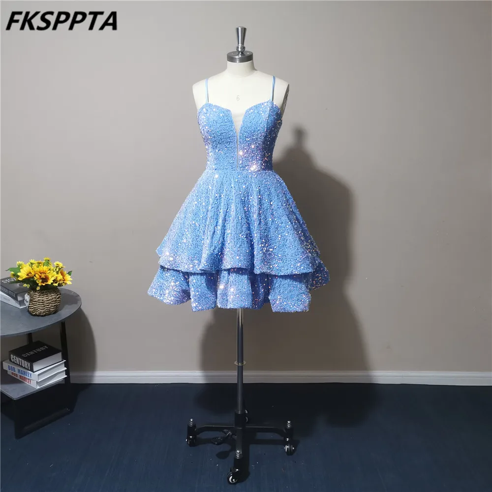 Vestido de graduación azul para mujer, Falda corta A capas, tirantes finos, lentejuelas elásticas, brillante, vestidos de fiesta de cumpleaños, personalizado