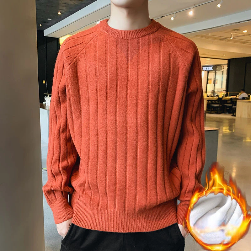 

2023 Autumn Winter Men Fashion Round Neck Sweater Tops Men's Solid Color Velvet Pullovers Male Thick Warm Knitted Tops U95