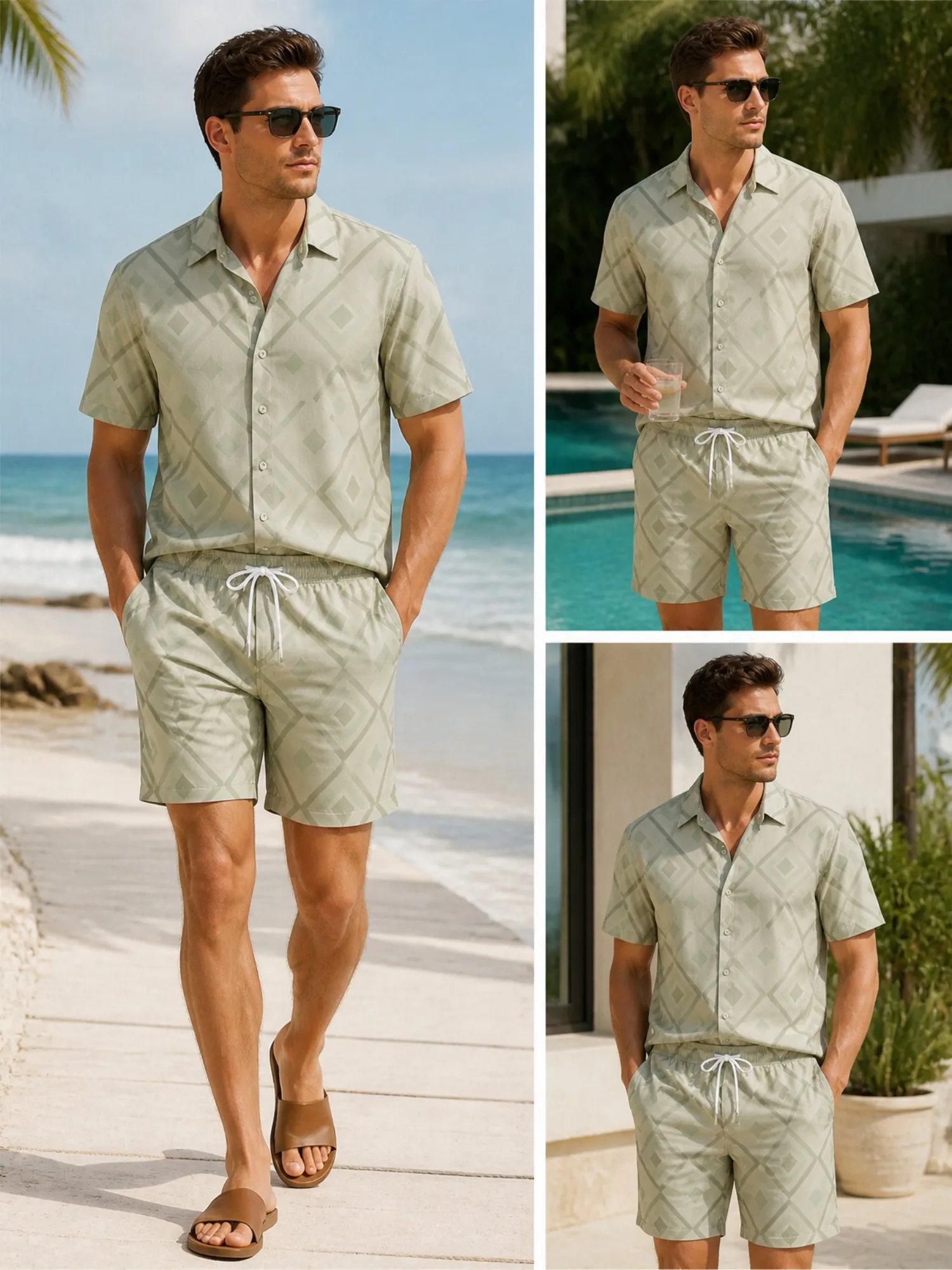 Mens Floral Short Sleeve Shirt and Drawstring Shorts Set Beach Vacation Casual Beach Two Piece Match