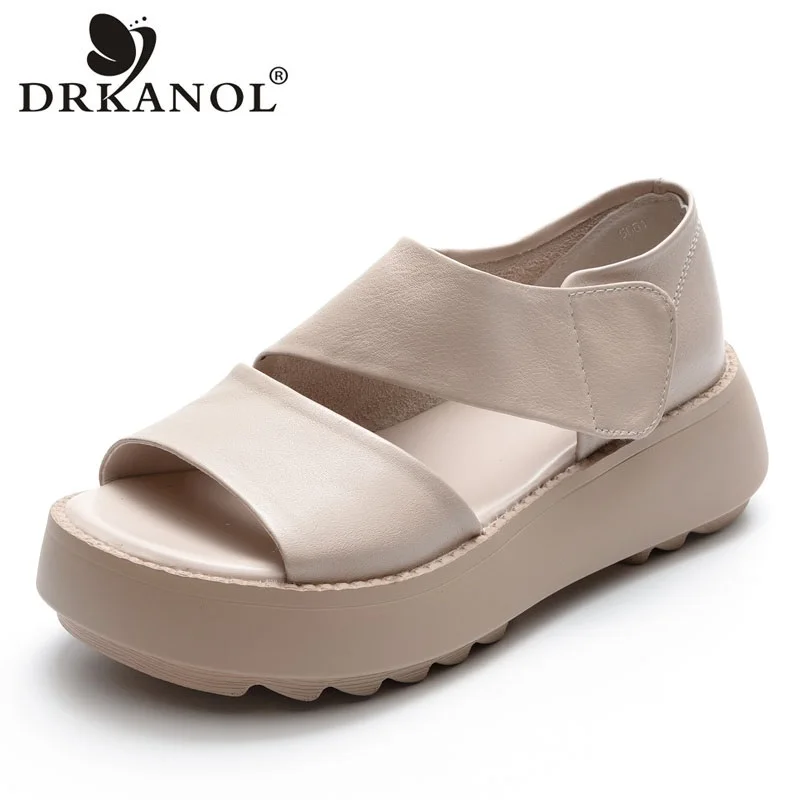 

DRKANOL Women Platform Sandals 2024 Summer Wedges Heel Open Toe Shoes 100% Genuine Leather Casual Sandals Female Handmade Retro