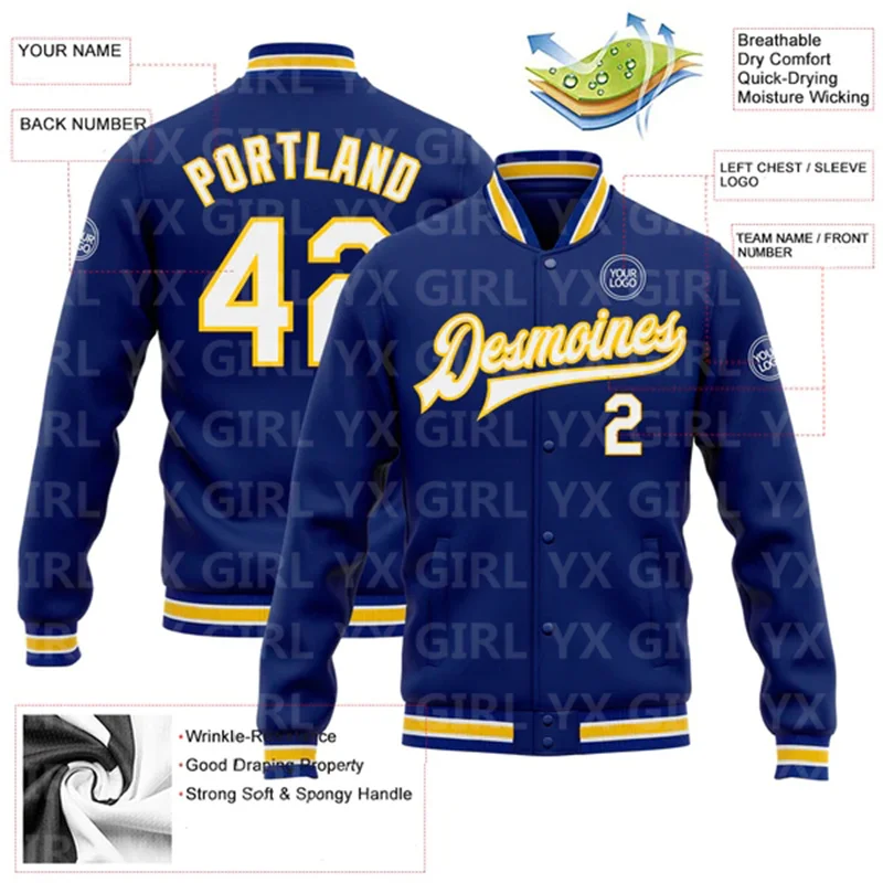 Custom Royal White-Yellow Bomber Full-Snap Varsity Letterman Jacket 3D Printed Baseball Button Jacket