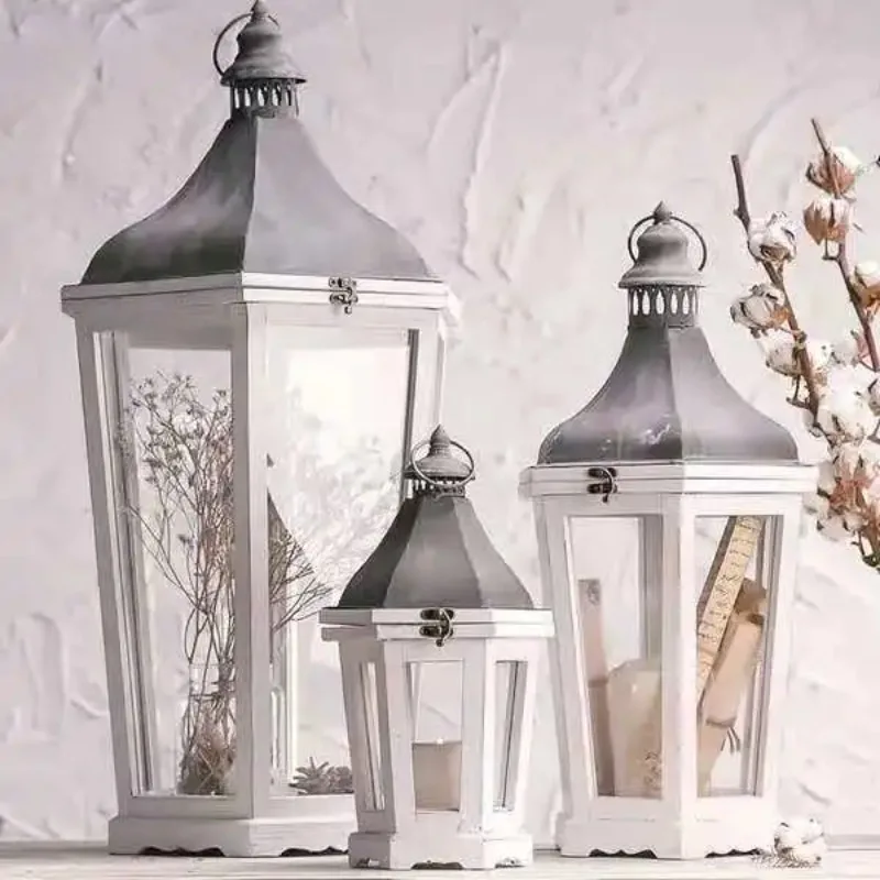 

【Best-selling】Retro Made Old Wooden Courtyard Wind Lamp Candlestick Wedding Decoration Solid Wood Antique Lantern Home Glass Can