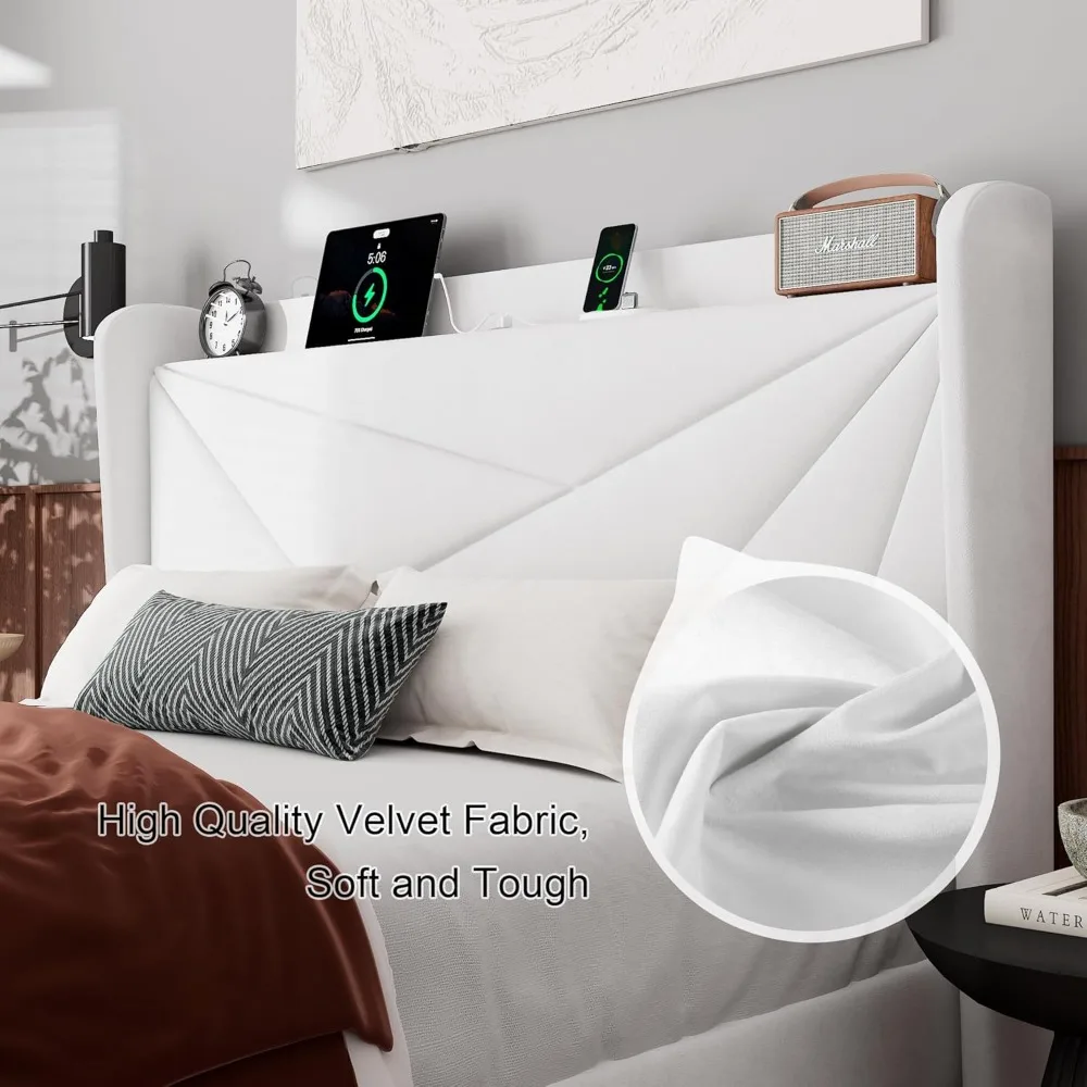 سرير بمنصة كوين مغطاة بالمخمل مع لوح أمامي وتخزين بأجنحة، بما في ذلك محطة شحن #6