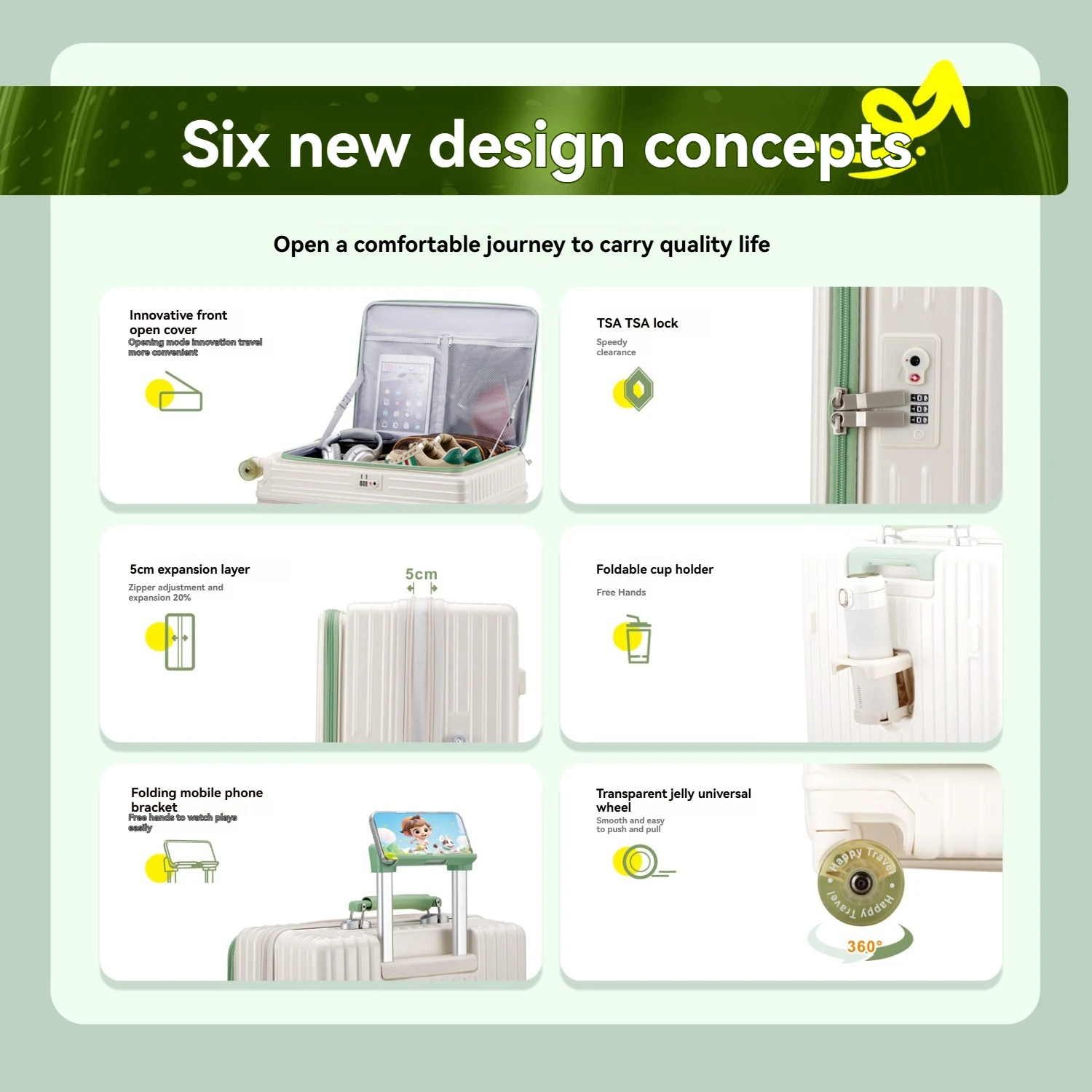 مجموعة مكونة من قطعة واحدة من حقيبة الفتح الأمامية بعجلات جيلي، وحقيبة تروللي بعجلات مع طبقة توسيع 5 سم، ومقبض جلدي، وحامل أمتعة مع حامل هاتف، ووظيفة خطاف جانبي، وقفل مخصص لقضاء عطلة الشاطئ في الهواء الطلق والسفر لمسافات طويلة