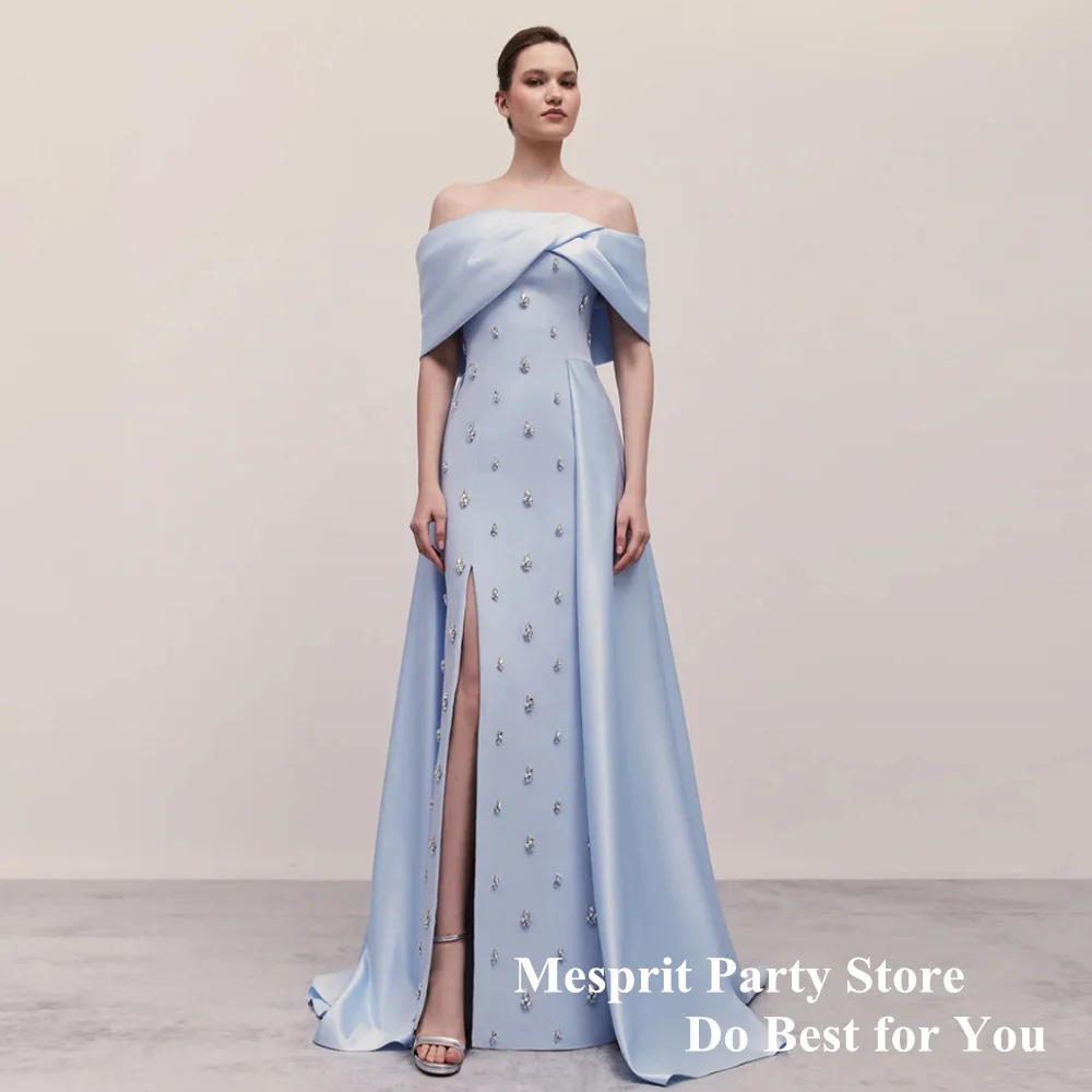 Boat Neck Off The Shoulder Evening Dress Saudi Arab Party Gown Side Slit Pearls Stones Sweep Train Prom Dresses Formal Occasion