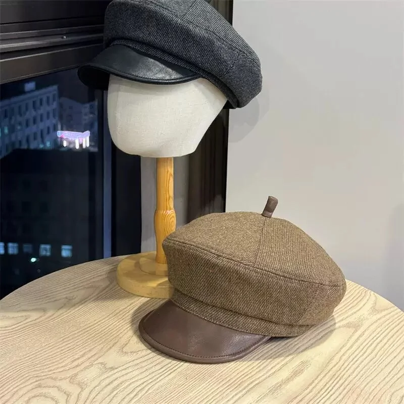 French British Style Octagonal Hat Women's Autumn and Winter Leather Brim Beret Elegant Casual All-match Painter Hat