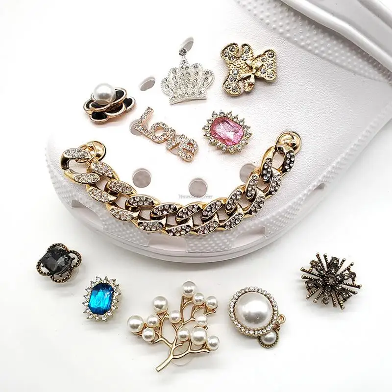 1Pcs Metal Pearl Camellia Flower Shoe Charms  for Women Girls Sandals Shoes Diamond Chains Shoes Decoration Luxury Accessories