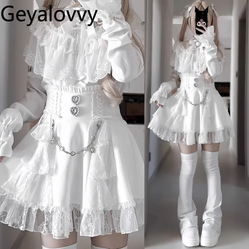 Letnia, codzienna krótka spódniczka z wysokim stanem, słodka, z koronkowym wykończeniem z dżetów, mini spódniczka w kształcie litery A dla kobiet, styl japoński Lolita.