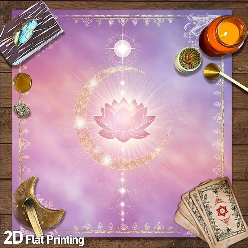 Celestial Lotus Altar Tablecloth, Mystic Crescent Moon Pattern, Pink Aesthetic Cloth for Tarot Card Readings, Meditation