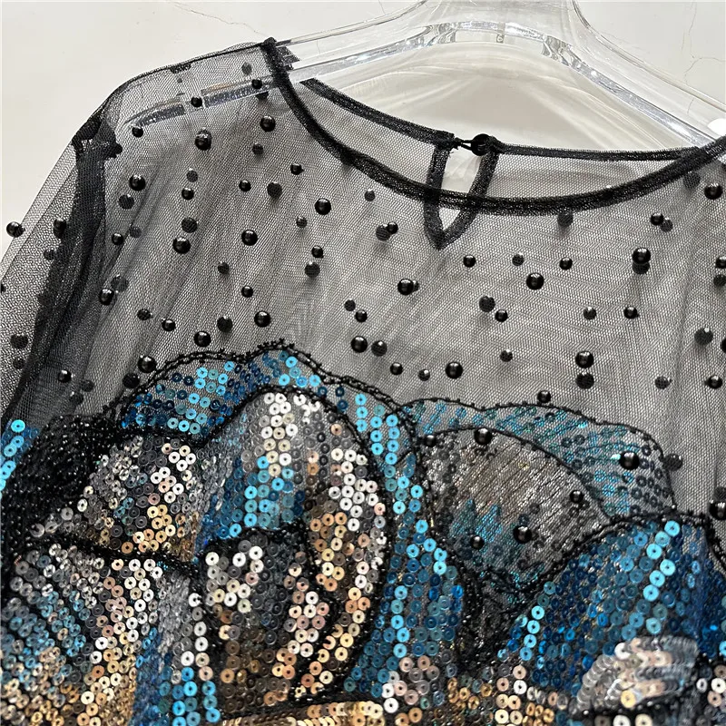 Luxury Women Sequins Floral Embroidery Golden Blouses Chic Ins Shirts Irregular Beadings Blousa Party Woman Sexy Club Tops NS101