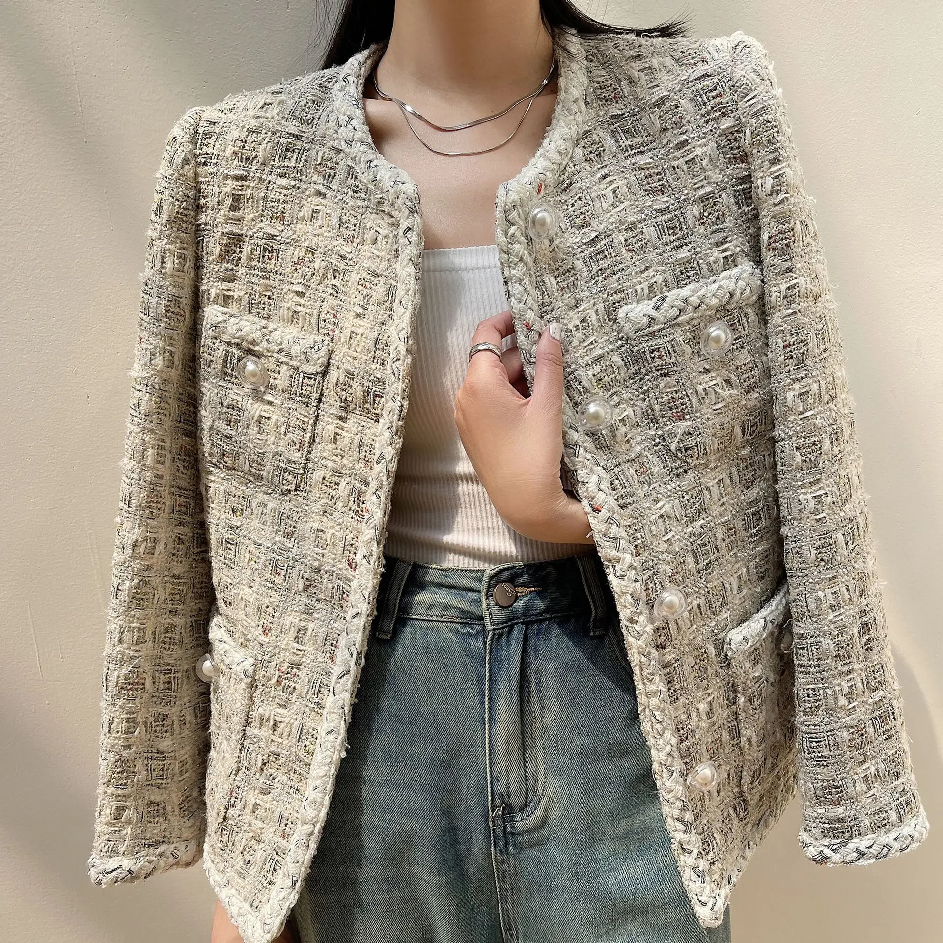 

Spring and Autumn New French Xiaoxiang Wool Blended Tweed Lace Crew Neck Temperament Women's Jacket