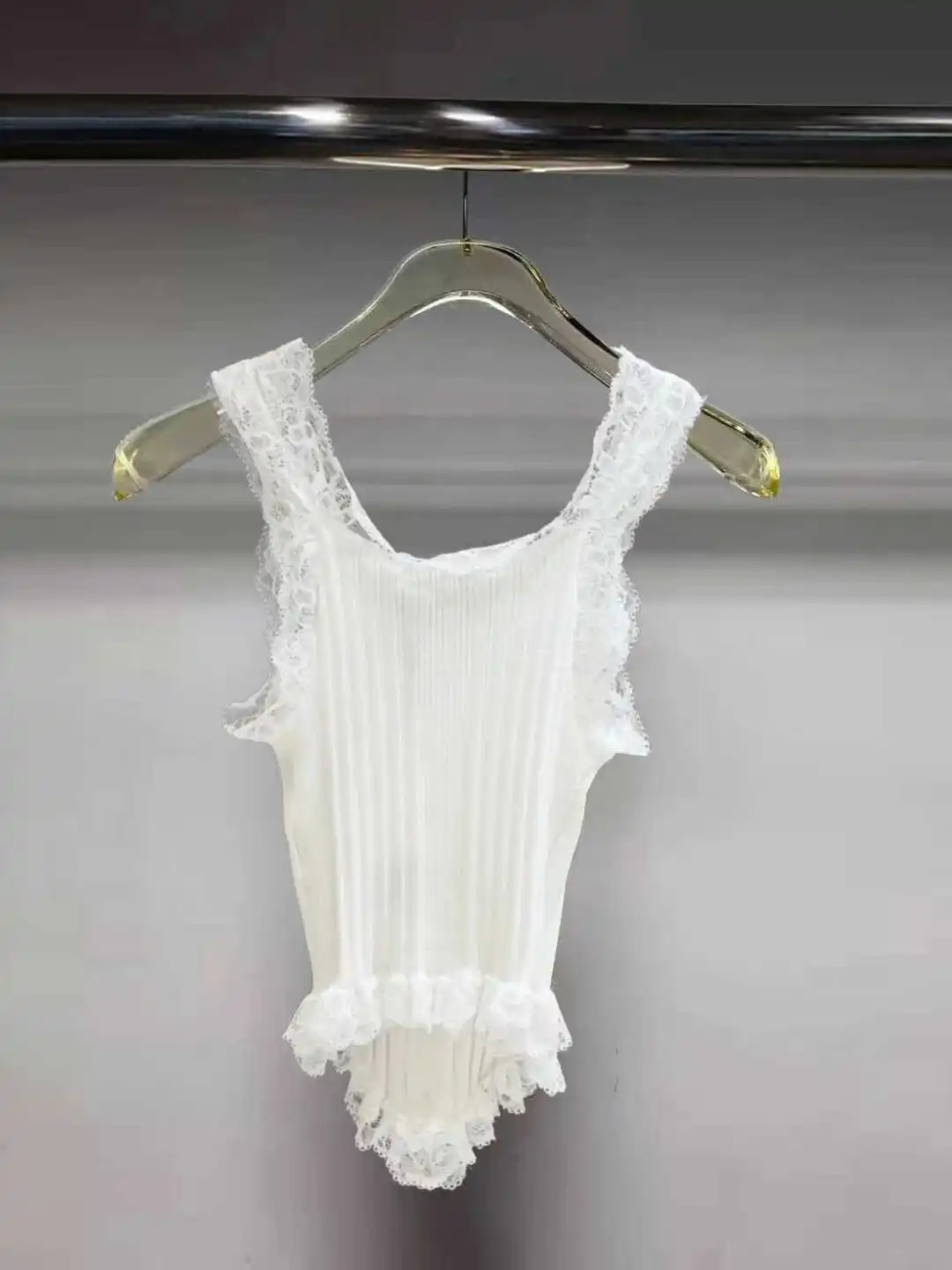 

Sweet Lace Trimmed Patchwork Belted Vest Women's Summer Faion Cotton Blend ort Length Pure Color Commute Sle Top