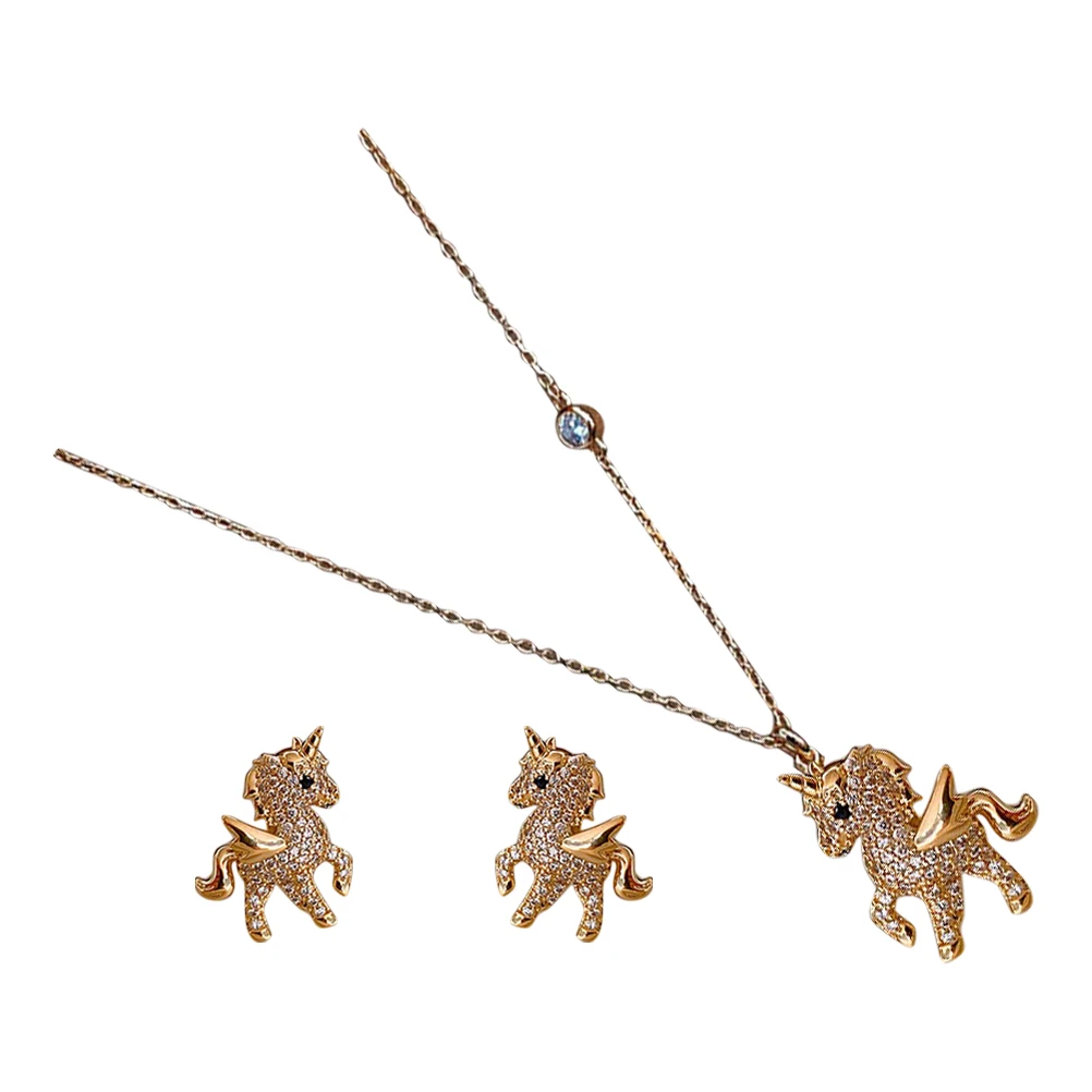 유니콘 목걸이 귀걸이 세트 스터드 쥬얼리 소녀용 금속 쥬얼리 초커 목걸이 구리(목걸이) 귀걸이 미스