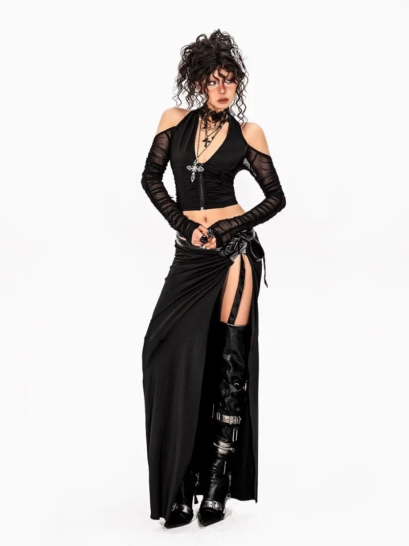 2025 New American Retro One-piece Strap Design Sense Irregular Y2k Hot Sexy High Split Long Skirt For Women