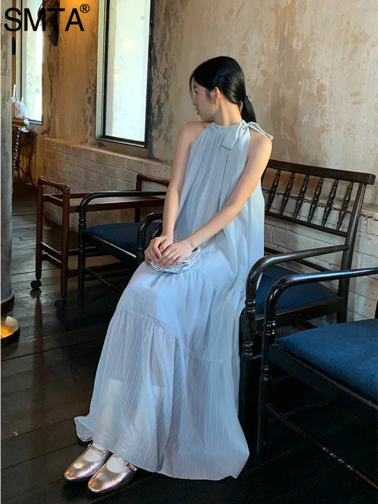 SMTA Summer 2024 Dress French Elegant Loose Oversized Halter Dress Holiday Sleeveless Dress Women Hanging Neck Bow Long Dresses