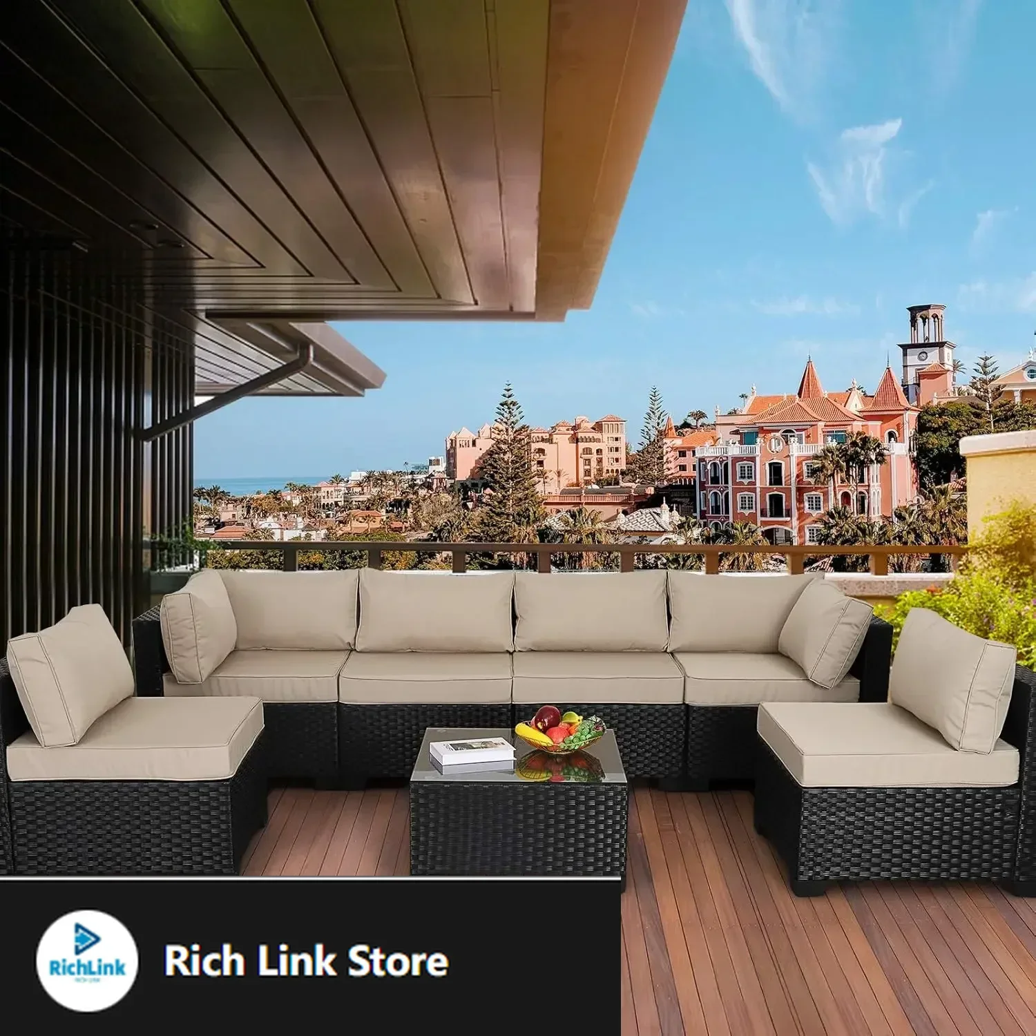 

7 Piece Outdoor PE Wicker Furniture Set, Patio Black Rattan Sectional Sofa Couch with Washable Khaki Cushions…