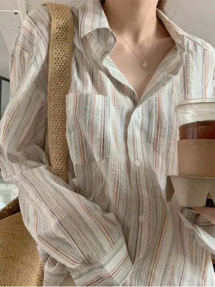 

Women Style Loose Fit Long Sleeve Shirt Cotton Linen Blend Striped Casual Top for Spring Summer