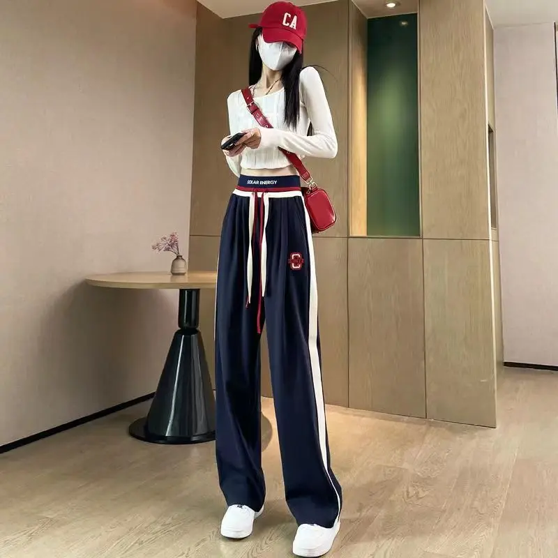 Fashion High Waist Straight Pants Spring Autumn New Drawstring Contrast Striped Loose Wide Leg Pants Casual Trend Women Clothing