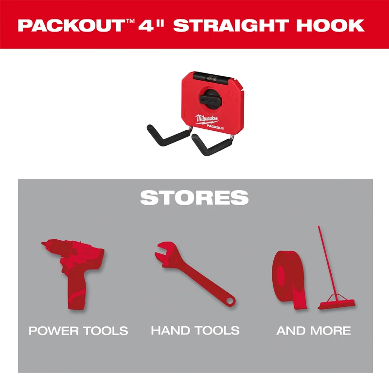 Milwaukee 48-22-8334 4 in Straight Wall Plate Mounted Hook Dual Grip Tool Storage Spare Metal Hook Strong Load-bearing Capacity