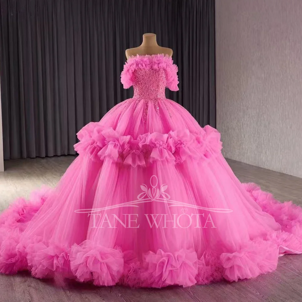 

Розово-красное платье без бретелек с блестками и бисером Vestido Para Quinceañera 2025 со шнуровкой сзади, праздничное платье для девочек по индивидуальному заказу